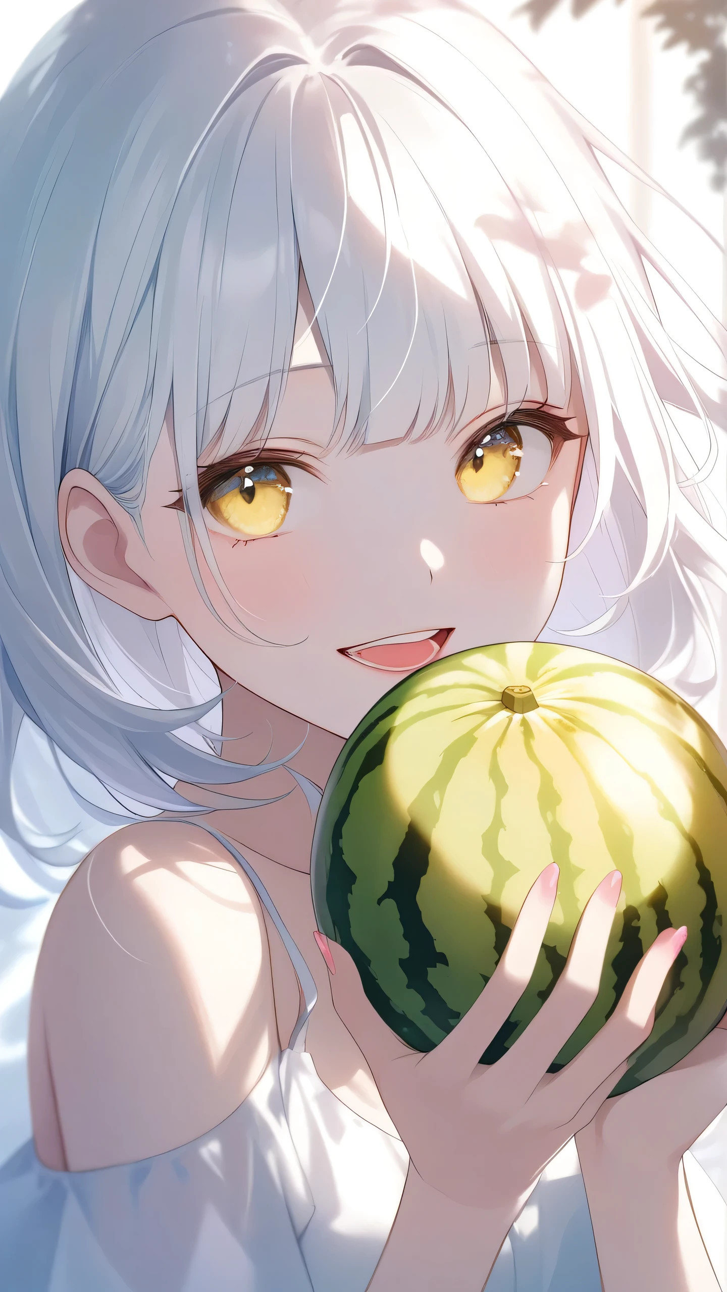 dark,caustics,colorful,gorgeous light and shadow,full body,
The girl's pale skin,her lips are slightly open to reveal her teeth,and her (blue and yellow eyes) eyes are blur and dreamy. mottled light and shadow,portrait,white hair,side face, holding Melon, illustrator 