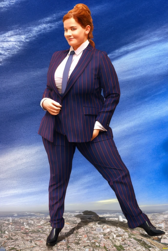 Giantess art, tera giantess in distance walking on countries, young women with beautiful curves, massive thighs, ginger hair, lipstick, wearing a perfect form-fitting loght grey pinstripe trouser suit and blazer, crisp white shirt with large spread collar, large blade width Windsor knot blue tie, with massive breasts. She is wearing platform high heels and standing on a miniature city, with skyscrapers at her feet, smiling with her huge breasts. This image is highly detailed, photorealistic, best quality, a masterpiece, with cinematic lighting, ultra-detailed, long ponytail hair with front bangs, high altitude photography, satellite view, a curvy figure, heaving bosom, legs, a stepping on mulitple mega city,, destruction, buildings, roads, a cloudy, overcast, hazy atmosphere, and wispy clouds.