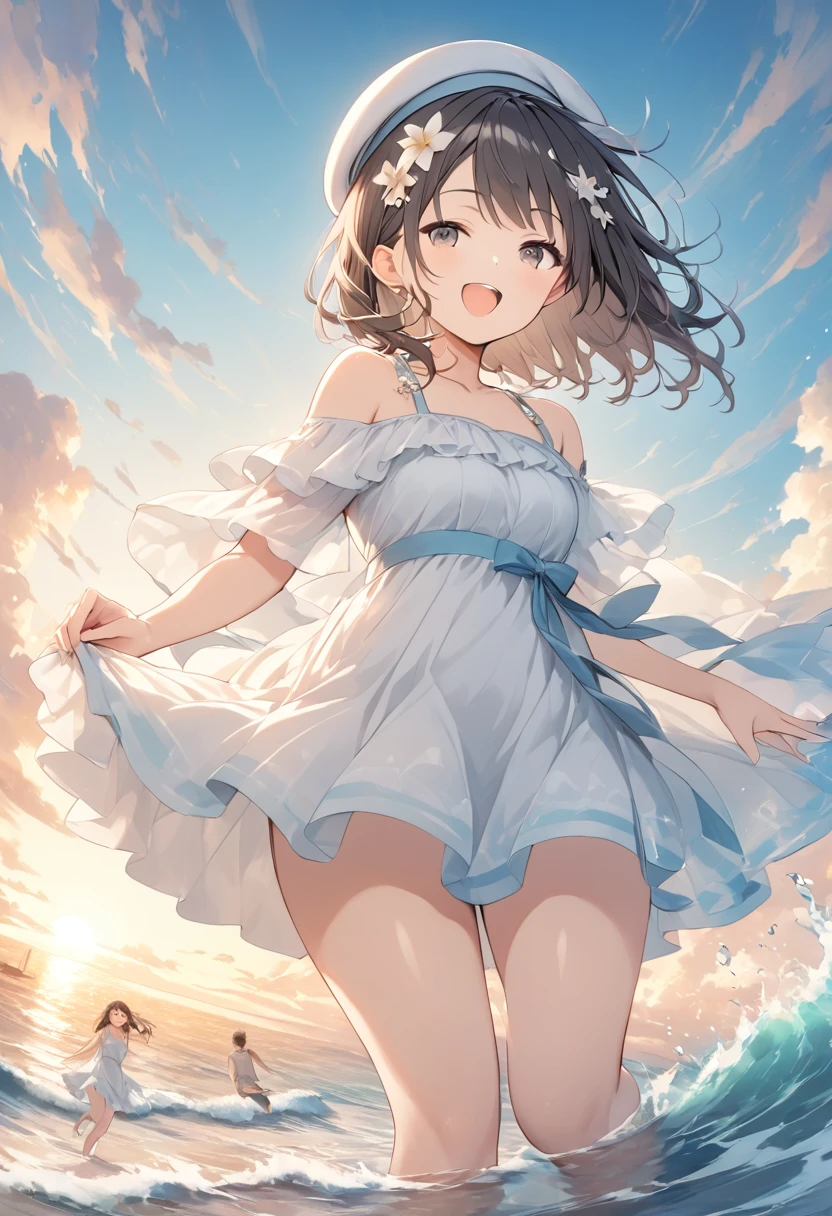 1 Girl,tokai teio (umamusume),(umamusume),shiny skin,sweat,blush,large breasts,sundress,white dress,see-through,standing,full-body,water,sea,from below,masterpiece,best quality,very aesthetic,mid,absurdres,