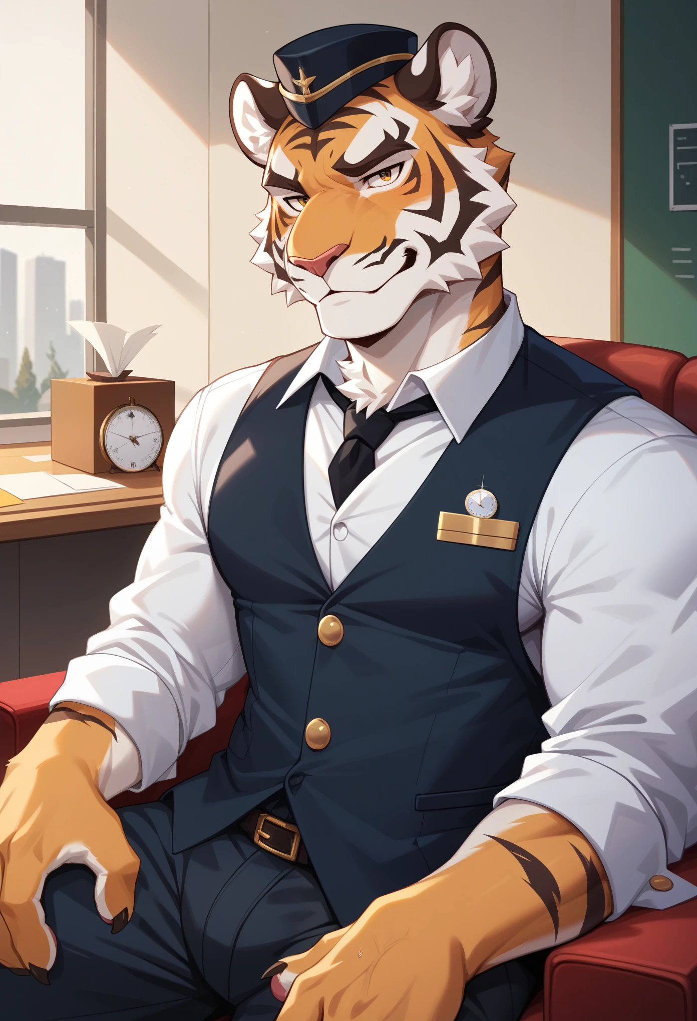 masterpiece, extremely detailed, high res, detailed, best quality, best aesthetics, absurd res, perfect anatomy, perfect proportions, high resolution, good colour, bright skin, good shading, countershading, well detailed background, ((furry)), Tiger, Male Tiger, handsome, male focus, veins muscular, fluffy, half body, shaded, attractive, Muscular, looking at viewer, fluffy, Mayor outfit, mayor hat, in front of the Inn, armed, sweaty, Exhausted face, close up, erection under his pants, wave his hand.