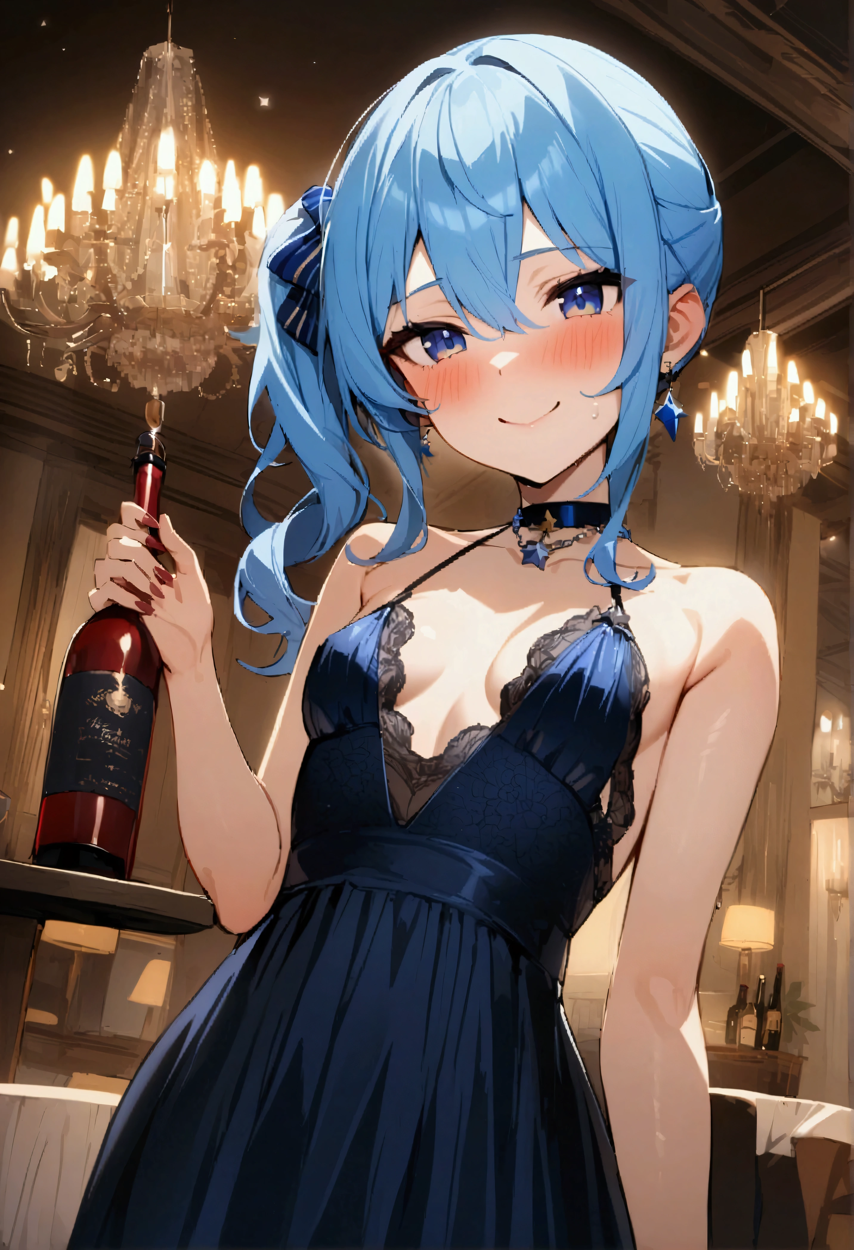 1girl, alcohol, backless dress, backless outfit, bangs, bare shoulders, blue hair, blue nails, blush, champagne flute, cleavage, collarbone, cup, dress, drinking glass, evening gown, grey dress, hair between eyes, halter dress, halterneck, holding, holding cup, jewelry, huge breasts, looking at viewer, nail polish, necklace, parted lips, pink eyes, plunging neckline, revealing clothes, side ponytail, sidelocks, silver dress, solo,maidoll, upper body,(masterpiece:1.4),(best quality:1.4),[[realistic]],(shiny skin),smile,red lips