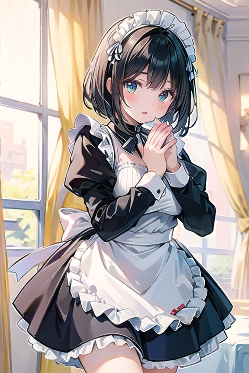 Beautiful illustrations、(cosplay maid:1.2),(masterpiece、Best Quality、8k ), (Beautiful details), Highly detailed face, Perfect lighting, Highly detailed CG, (Perfect hands, Perfect Anatomy), One Girl, female ,Big Breasts, bob cut, black hair, Nogiza Idol、Thighs、A pose that attracts men、