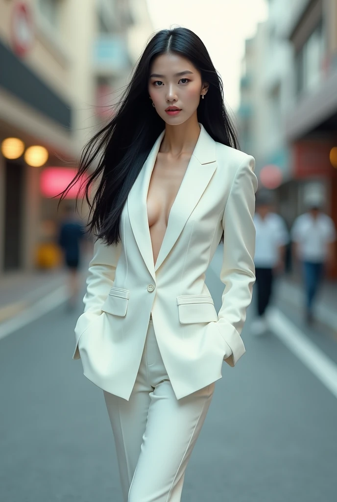 work of art, highest quallity, (standing alone focus), (face perfect:1.1), (high détail:1.1), (hyper detailed eyes), dramatic, A guy with pale skin and long voluminous black hair, eye white, standing alone, long hair, Sephiroth, moonligh, natta, white luxury suit, covered navel, pouty lips, coat, arrogant expression, Jardim de pinks, detailed back ground, artwork by Artgerm, cinematic lighting, pinks, lo fashion, BalenciagaStyle