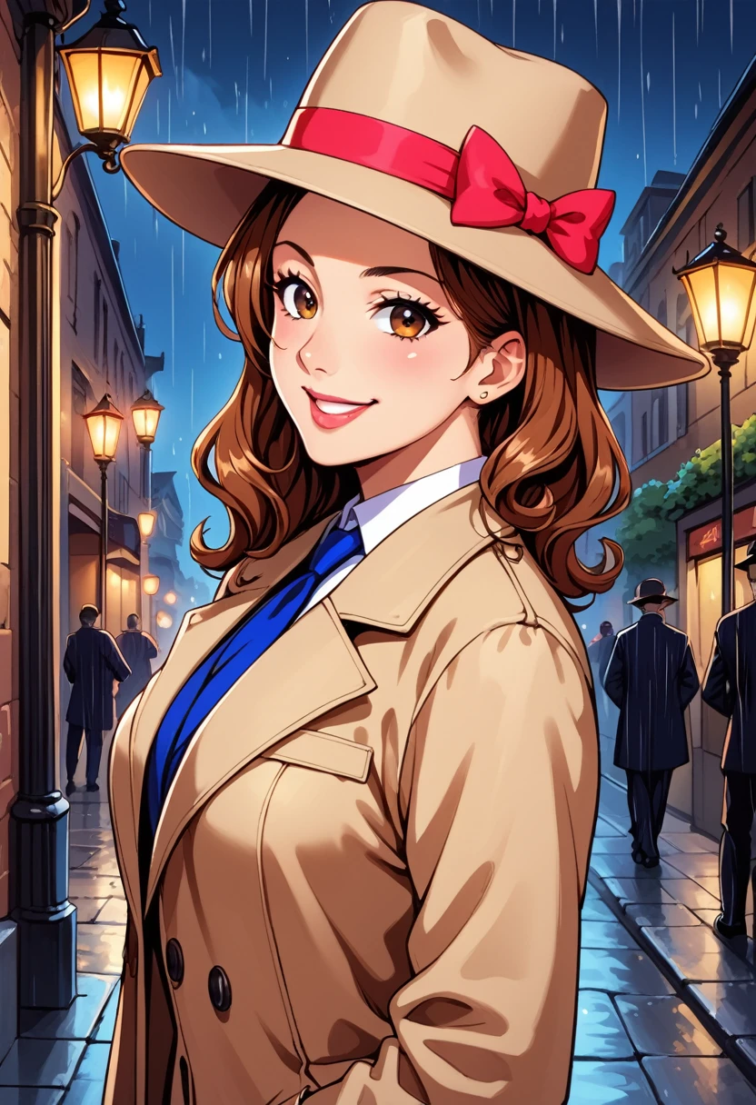 detailed illustration (side view),dynamic angle,ultra-detailed, illustration, pose for the camera, smiling at viewer, clean line art, shading, anime, 2020’s anime style, detailed eyes, detailed face, beautiful face standing on a sidewalk, Detective, trench coat, fedora hat, Johnny dollar inspired, Philip Marlow inspired, 1940’s, woman, in a suit a coat, night, rain, brown hair, hard boiled, female fatale vibes.