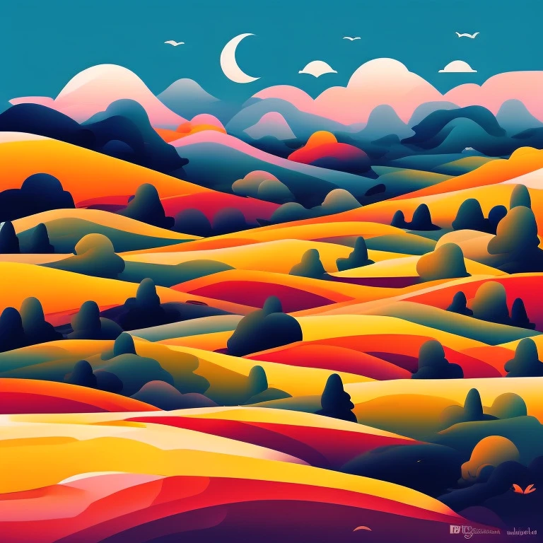 Masterpiece, best composition, best quality, colorful oil painting, hilly landscape at twilight,beautiful color gradation on hills, made entirely of gradients, surreal colors, beautiful wallpaper, colorful landscape, amazing artwork.