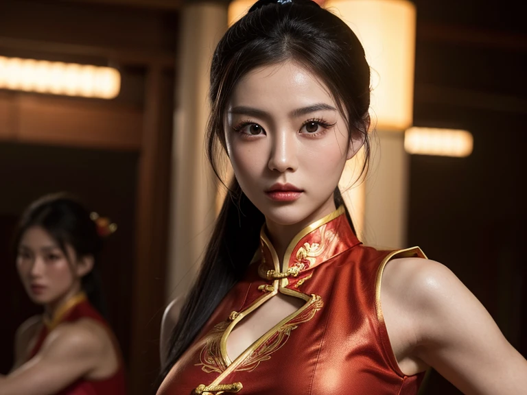 high quality detailed portrait of a beautiful chinese woman in a street fighter pose, dynamic high kick, traditional chinese costume, martial arts studio, photorealistic, 8k, highly detailed, beautiful detailed eyes, beautiful detailed lips, extremely detailed face and expression, long eyelashes, dynamic action, energy, power, strength, female warrior, cinematic lighting, vibrant colors, NSFW