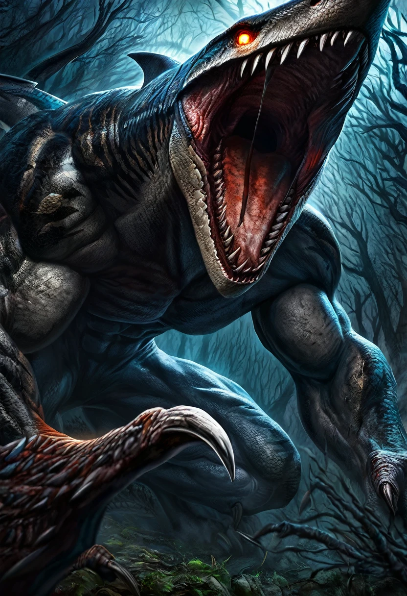 male and female indoraptor and human couple, concept art, closeup, masterpiece, high quality, abs, duo, suggestive romantic scene, grabbing butt, missionary position, side view, penetration,