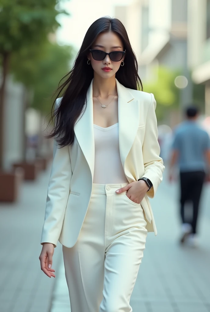 7. She wore a black and white professional suit. The overall look was simple yet elegant, showing her capable and elegant side.