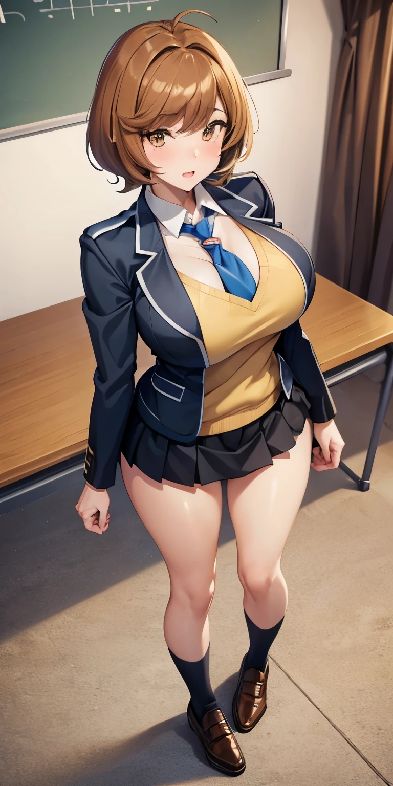 1 Female,High definition,high resolution,Ultra-realistic,8K, hmza, short hair, antenna hair, brown eyes, school uniform, blue necktie, yellow shirt,black jacket, long sleeves, black skirt,tight skirt, miniskirt, large breasts, brown shoes,large breasts,European,sexy,Upper body close-up,Photographed from the front,Dynamic Angles,private teacher,A little sheer underwear,blue underwear,blush, big tits ,(top view),(full body), perfect face,cute face