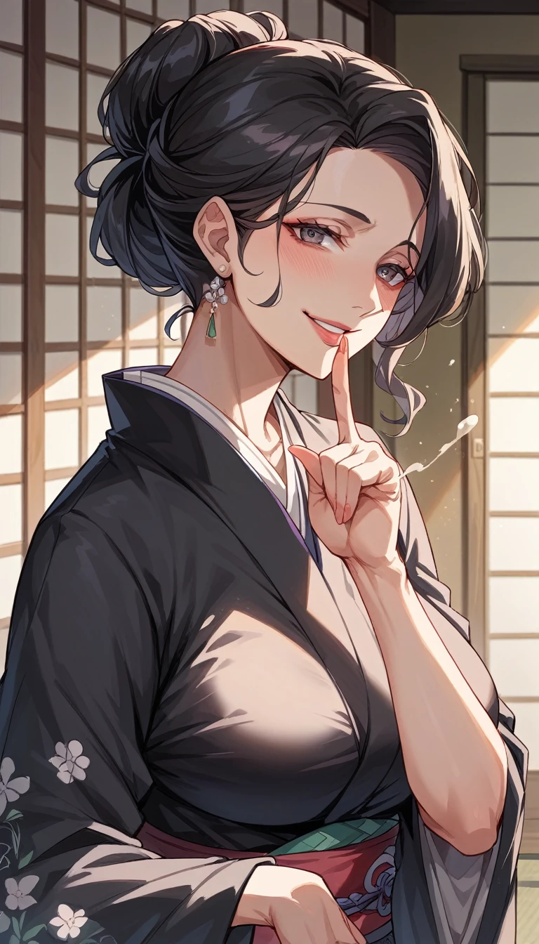 (Index finger job:1.5)、Black kimono with Japanese patterns、(Mature Woman:1.4)、Poison Woman、50 years old、Captivating smile、Black Hair、Updo、Married women、Japanese-style room、See here、Massive ejaculation:1.8