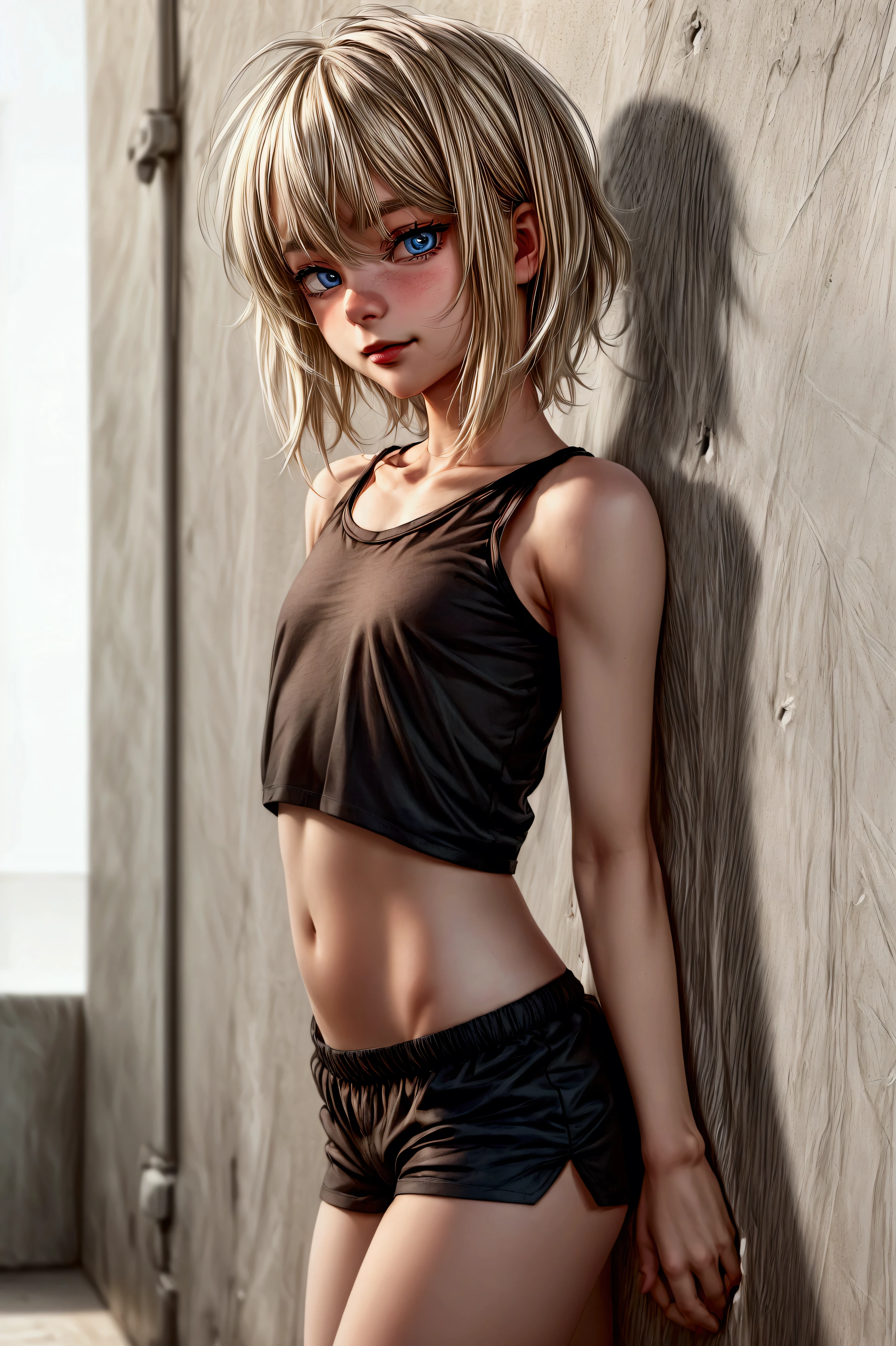 Anime style, Highres, Masterpiece, Best quality at best, Best Quality, hight quality, hight detailed, 1boy, blonde boy, boy body, cute boy, femboy, female physiognomy, front view, looking at viewer, detailed light blue eyes, short hair, messy hair, bangs, pastel rainbow inner hair color mesh, shy smile, boy flirty posing, wears black too short t shirt, (black t shirt), boy chest, bare shoulders, bare sleeves, bare arms, black dolphin shorts, (tiny bulge on shorts), beautiful legs, white stockings over knee, black sports shoes with pink stripes, boy body, Standing, sunny afternoon on the street, highest quality,