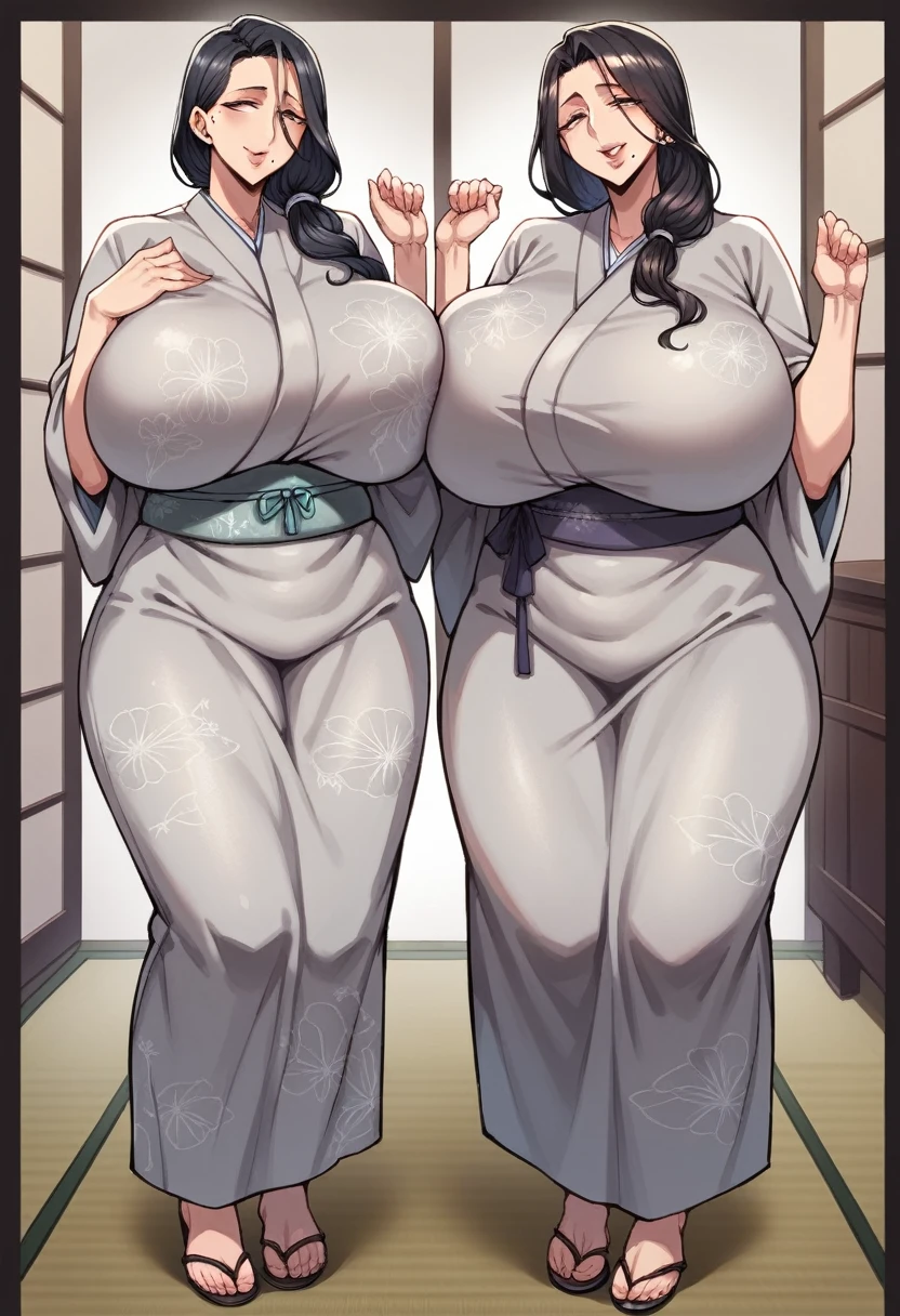 there are anime characters with huge breasts standing on the floor wearing grey tight kimono,bedroom background, 2girl, mature female, duo, breasts, mole under mouth, black hair, long hair, mole, huge breasts, standing, looking at viewer, smile,hands up,full body view