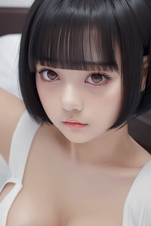 masterpiece, 8k,16k,((   bed room  ))(((black eyes:1.10))),(((Subjective))),(((Cute  sister))),Black hair,(((Bob hair))),(((blunt bangs))),Best Quality, (((Very detailed))), (((Textured skin))),(((Plain girl:1.2))),(((No makeup))),(((Big Breasts)))