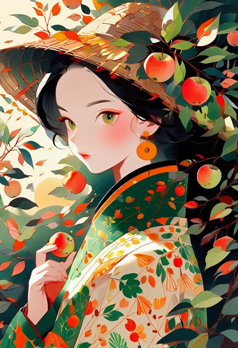 Chinese solar terms, autumnal equinox, fall, falling leaves, cozy sweater, golden sunshine, fresh air, harvest festival, orange hues, country barn, scarecrow, picking apples, fresh dark green, bright background, clear background trend, clear outline light, blank space at top of frame, flat illustration, Victoria Nagy style, 16k, Mary Blair and Nakamura Yusuke style. Painting close-up. A whimsical illustration.