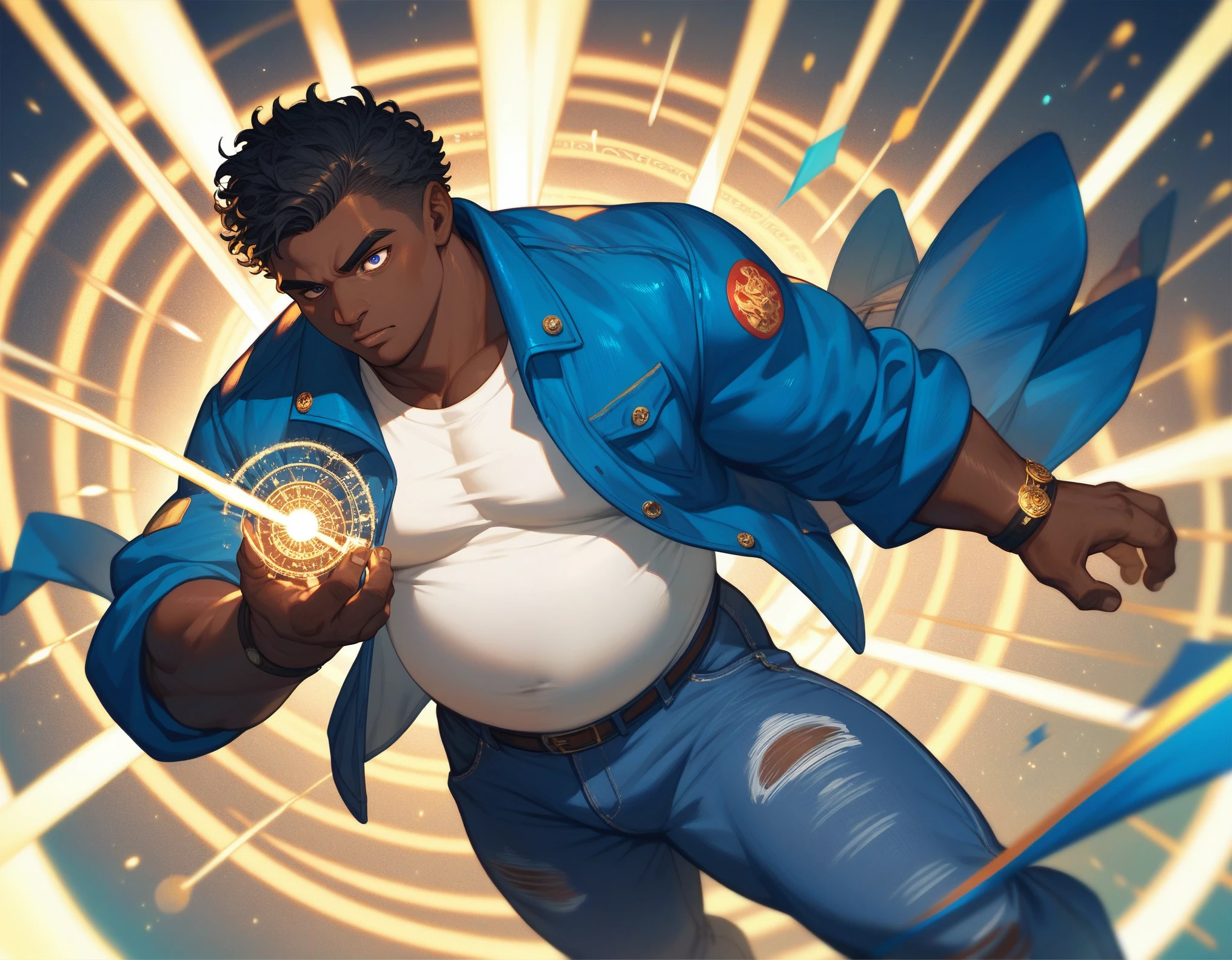 , score_9,score_8_up,score_7_up, Solo, 1men, mature men, African skin, Bright eyes, short black hair, bulk body shape, chubby , wearing a blue jacket and withe shirt, jeans pants, a golden crown shining on his head, a energy lights and magic circles on his hands, action painting 