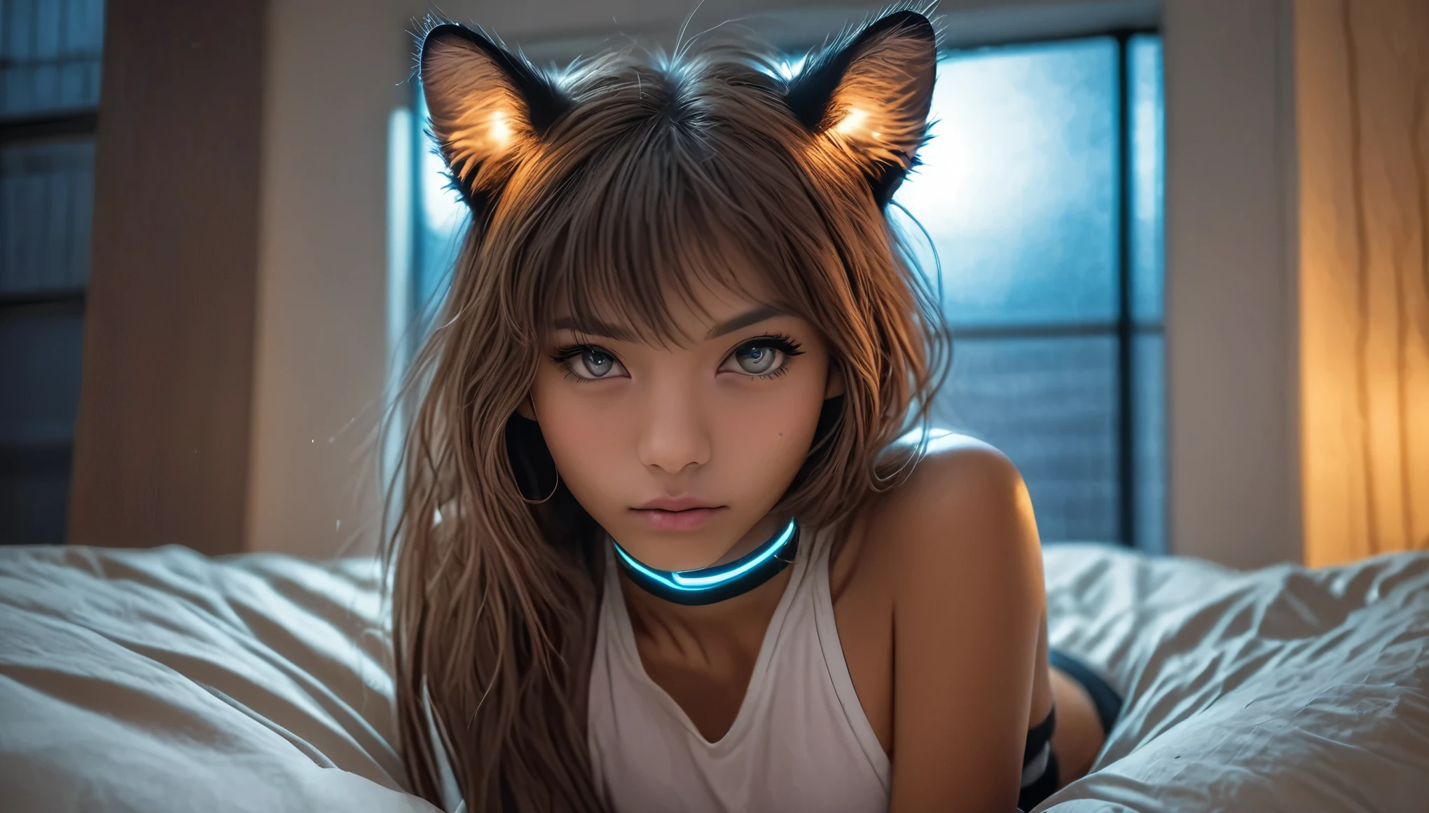 8k, super detail, best quality, UHD, textured skin, ((barely legal girl, with cat ears and choker, in an oversized thin shiny tube top with plunging cleavage, wide neckline, small perky breasts, beautiful detailed half-closed cat eyes, beautiful detailed lips, small pout mouth, extremely detailed face, tanned skin, random long hairstyle, small hips, sitting on a bed, fear on the face)), moody atmosphere, dramatic and random colors, futuristic setting, intricate details, night, backlight, full body shot, wide shot, atmospheric perspective, view from a distance, random pose