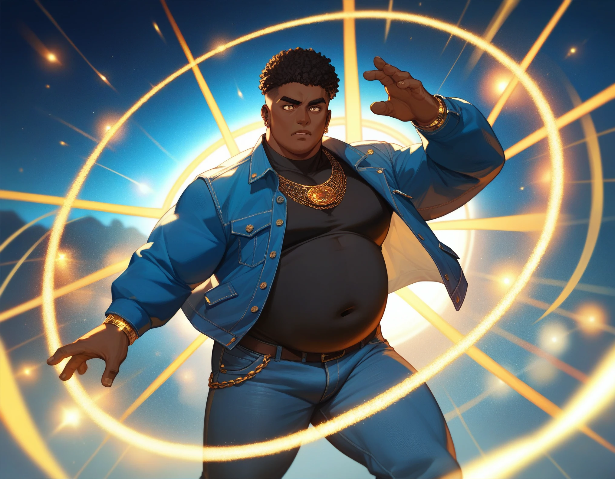 , score_9,score_8_up,score_7_up, Solo, 1men, mature men, African skin, Bright eyes, short black hair, bulk body shape, chubby , wearing a blue jacket and withe shirt, jeans pants, a golden crown shining on his head, a energy lights and magic circles on his hands, action painting 