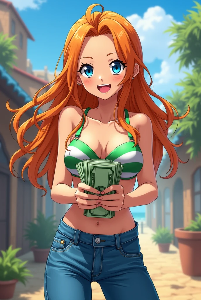 score_9, score_8_up, score_7_up, score_6_up, 1girl,  nami (one piece), green bikini, treasure, gold, sparkling, smile, heart shaped pupils, jeans, lying, on back, mature female, posing, heart, ((sparkles)), holding chalice, diamonds, 