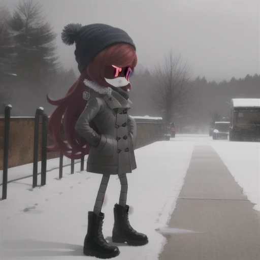 android, robot, mechanical arm, glowing, red eyes, red hair, beanie, worker drone, long hair, spiky hair, solo, standing, black trench coat, black boots, hands in pockets, snowy weather,