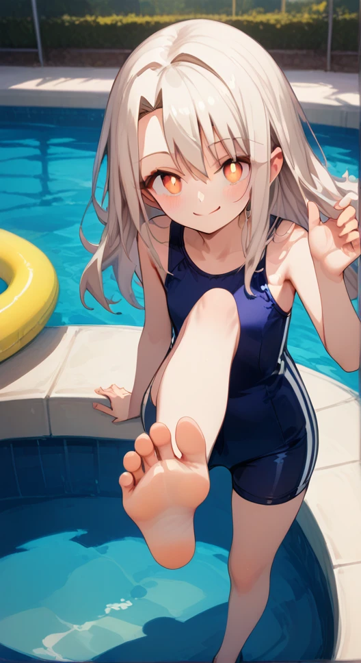 score_9,score_8_up,score_7_up,score_6_up,score_5_up, swim suit, indoor swimming pool hall, Illyasviel von Einzbern from Fate, white hair, Solitary, indoors,barefoot,Foot Focus,hypno feet, hypnotic feet, Illyasviel von Einzbern tries to hypnotize viewer with soles of feet, possessive, mind control, brainwash, 3D Rendered Anime style, short hair, standing and show foot,shanding and show sole,standing on one leg,foot focus,sole,barefoot,no shoes, young soles, smug, yellow soles, tries to seduce with soles of feet, five toes, 5 toes, long hair