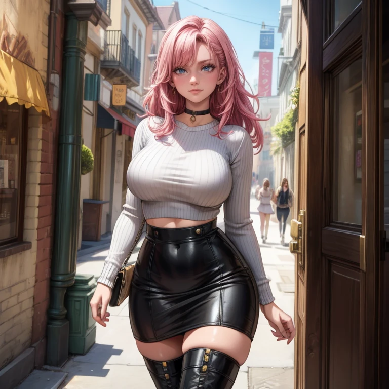 Masterpiece, beautiful art, 8k, art style by sciamano240, very detailed face, detailed hair, detailed clothes, detailed fabric, 1girl, beautiful face, long hair, hot pink hair , model head shot, facing camera, very detailed green eyes, sultry smile, wearing classy fall clothes, white dior thigh boots, white pencil skirt, walking , out shopping, necklace, chocker, rosey cheeks, sunny fall setting, full body view, photorealistic, indirect lighting, volumetric light, ray tracing, hyper-detailed, best quality, ultra-high resolution, HDR, (8k, Best Quality, Masterpiece:1.2), Ultra Detail, RAW Photo, Super Resolution, Professional Photo, Extremely Detailed and Beautiful, lot of drool, sweat, belly inflation