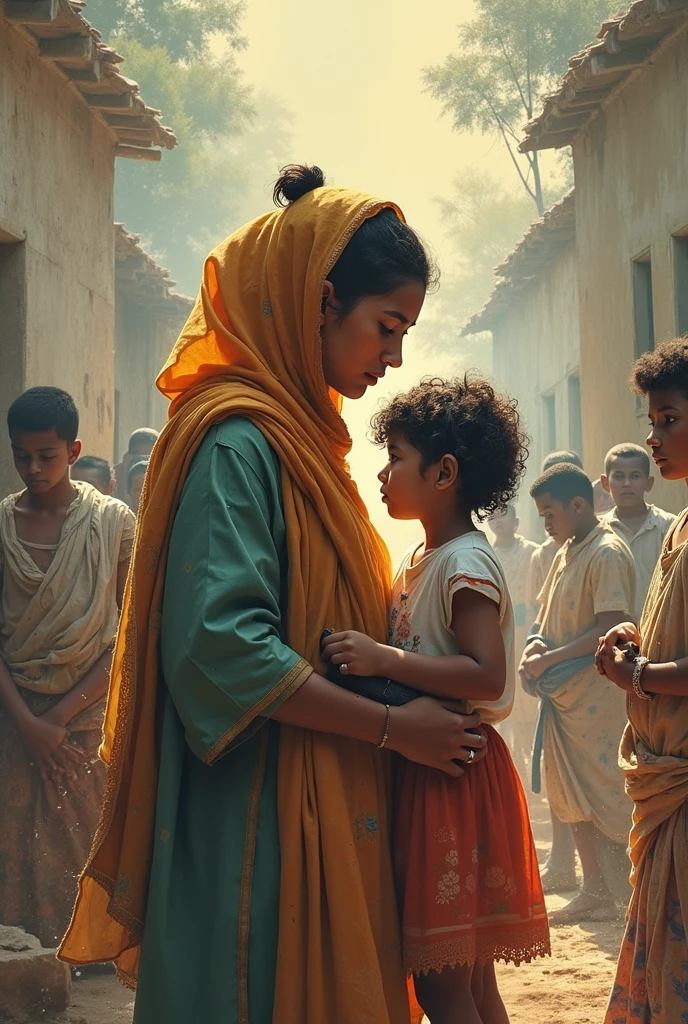 Image Prompt: A young, frail woman in traditional ancient Indian attire, standing outside a grand house with a baby in her arms, looking hopeful yet humble. The setting is a village with thatched roofs and people dressed in simple clothes.