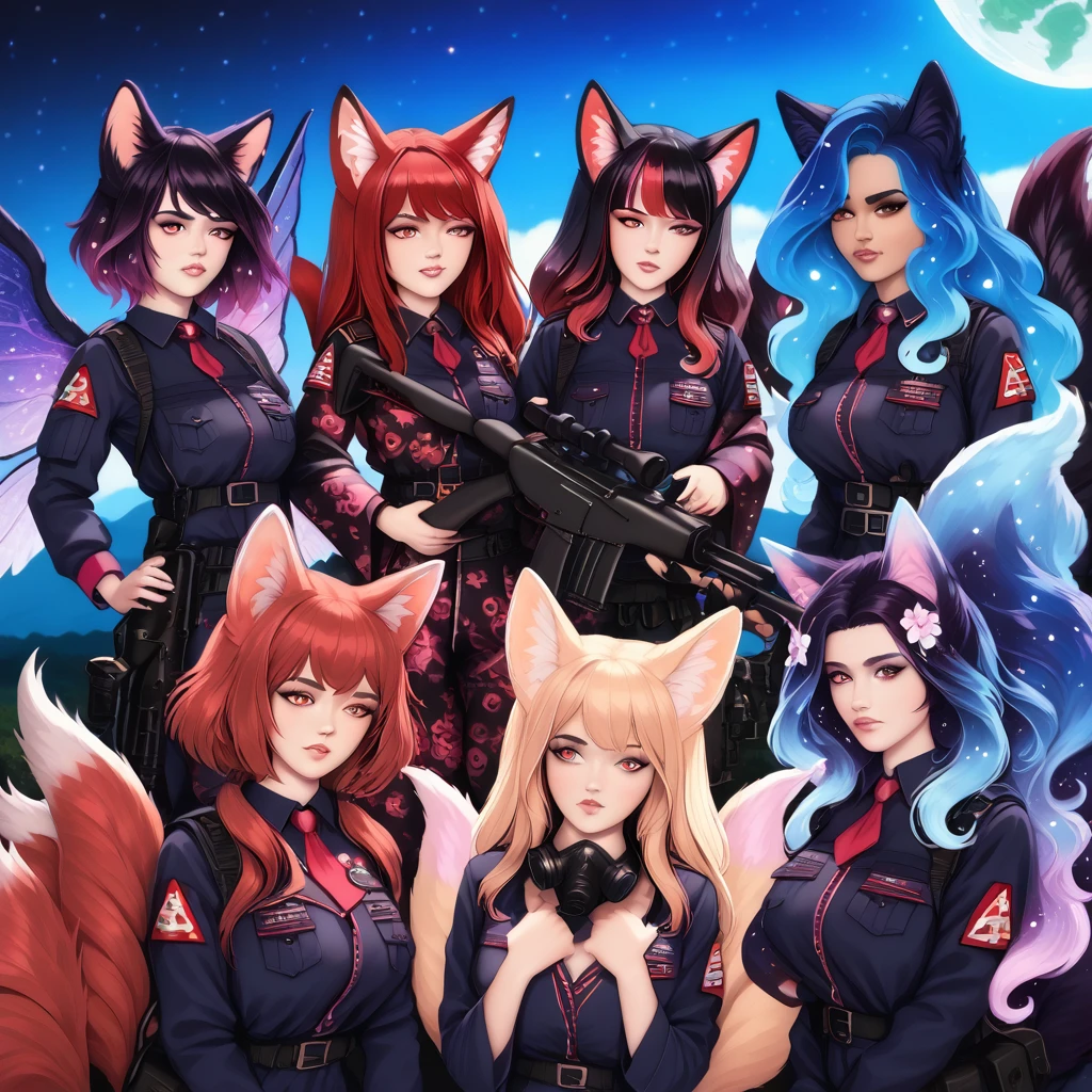 (4 girls in a cosmic sky on a hill, black hole in background, cat girl with tactical outfit holding rifle, curious face and red eyes, wolf girl with angelic wings, stressed face and gas mask, girl with fox ears and sad face, fox girl with cosmic colored kimono and nine tails, all with cosmic hair colorings, high quality, detailed, photorealistic, masterpiece, hyper detailed)