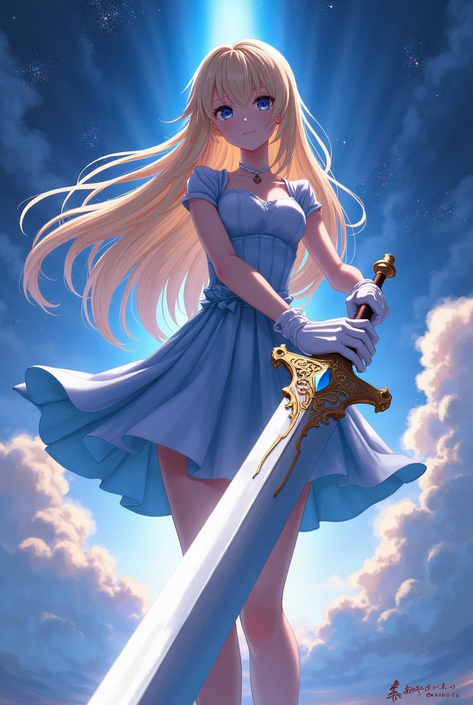 1 girl, ultra long hair, ultra detailed face, glowing lips, glowing blue eyes, very long ponytail, elegant walk, catwalk, holding down a giant katana, blonde, long eyelashes, long boots , looking to the sky, starry sky, a ultra giant katana