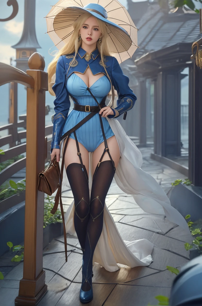 a girl, wizard, laughing, running, looking back, short hair, blonde, blue eyes, pale skin, thighhighs, in the city, at noon, fantasy