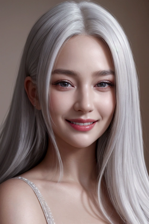 (masterpiece, top quality, best quality, (close-up photograph: 2), ((1girl)), fair skin, (extremely detailed face), looking straight, ((((ultra-detailed eyes and pupils)))), ((bare pectorals)), ((bare chest)), bare head, tube dress, (((bare shoulders))), symmetrical frame, ((strapless)), (((smile))), ((symmetrical pose)), (symmetrical face: 1.6), 35mm, (((minimal plain white background))), ((smile with eyes)), ((no lighting)), no watermark, ((long grey hair)), <lora:chunghalorashy:1>