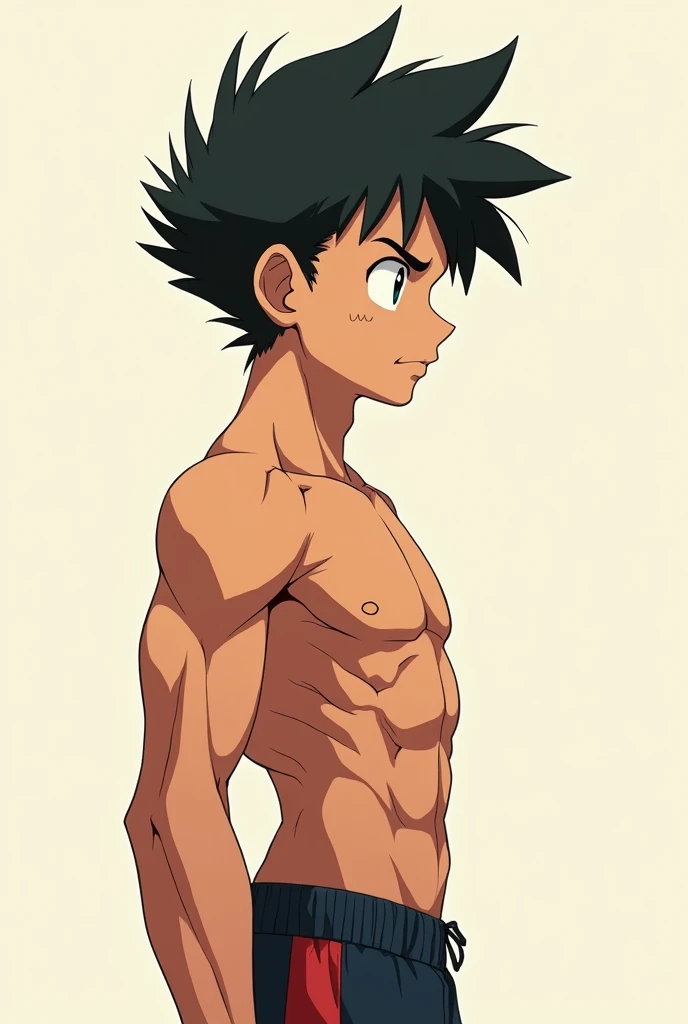 He is a 17 year old teenager, He has slightly disheveled very black hair..., somewhat light green eyes, (front angle ) , muscular body , He is dressed in the anime shorts. "my hero academia", without the shirt, just with boxer shorts