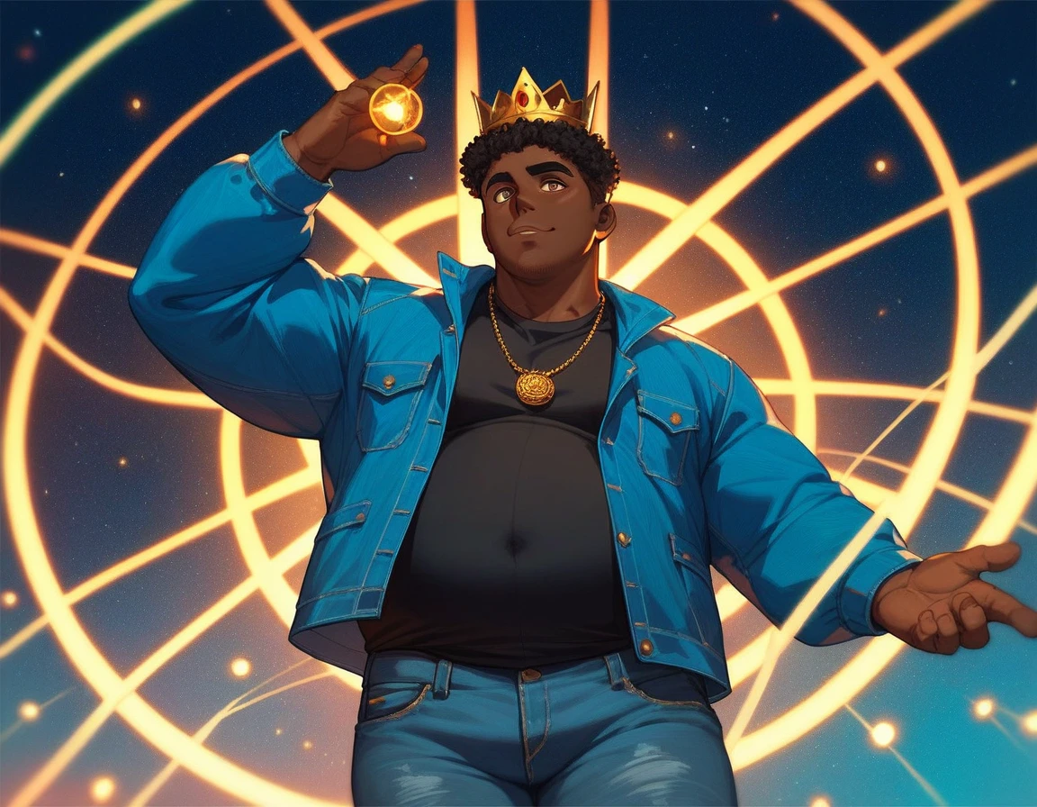 , score_9,score_8_up,score_7_up, Solo, 1men, mature men, African skin, Bright eyes, short black hair, bulk body shape, chubby , wearing a blue jacket and withe shirt, jeans pants, a golden crown shining on his head, a energy lights and magic circles on his hands, character design 