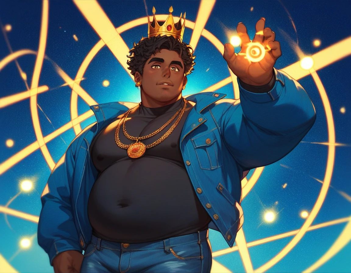 , score_9,score_8_up,score_7_up, Solo, 1men, mature men, African skin, Bright eyes, short black hair, bulk body shape, chubby , wearing a blue jacket and withe shirt, jeans pants, a golden crown shining on his head, a energy lights and magic circles on his hands, character design 