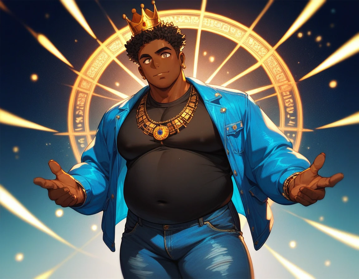 , score_9,score_8_up,score_7_up, Solo, 1men, mature men, African skin, Bright eyes, short black hair, bulk body shape, chubby , wearing a blue jacket and withe shirt, jeans pants, a golden crown shining on his head, a energy lights and magic circles on his hands, character design 