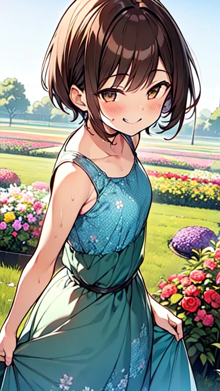 １People Girls、(Brown hair short cut)、Wet Hair、Beautiful brown hair、Keep your head small、Perfect Face、Shiny skin、Clear brown eyes、Slightly chubby、Small breasts、buttocks are small、(((Teasing Smile)))、
(Flower Field、Great outdoors、Flower Garden Scenery、She is in a good mood surrounded by flowers、Botanical print long dress、An angle that shows from head to waist)