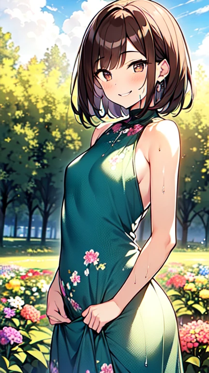 １People Girls、(Brown hair short cut)、Wet Hair、Beautiful brown hair、Keep your head small、Perfect Face、Shiny skin、Clear brown eyes、Slightly chubby、Small breasts、buttocks are small、(((Teasing Smile)))、
(Flower Field、Great outdoors、Flower Garden Scenery、She is in a good mood surrounded by flowers、Botanical print long dress、An angle that shows from head to waist)