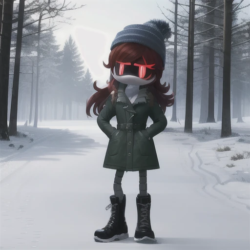 android, robot, mechanical arm, glowing, red eyes, red hair, beanie, worker drone, long hair, spiky hair, solo, standing, black trench coat, black boots, both hands in pockets, snowy weather, snowy forest,