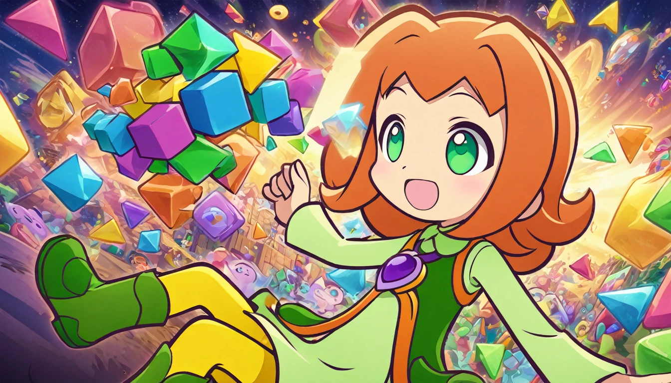 1girl, green eyes, purple pendant, orange hair, medium hair +++ yellow pantyhose, green dress, lightgreen shirt, green boots Hiding face with arm, looking to the side, extremely quality extremely detailed, illustration, cute anime face cinematic lighting, Colorful and lively game art featuring various characters and shapes from "Puyo Puyo" and "Tetris", presented against a bright and playful background with geometric patterns and soft pastel colors. Vibrant Puyo blobs with expressive eyes and classic Tetris blocks create a dynamic and fun atmosphere.