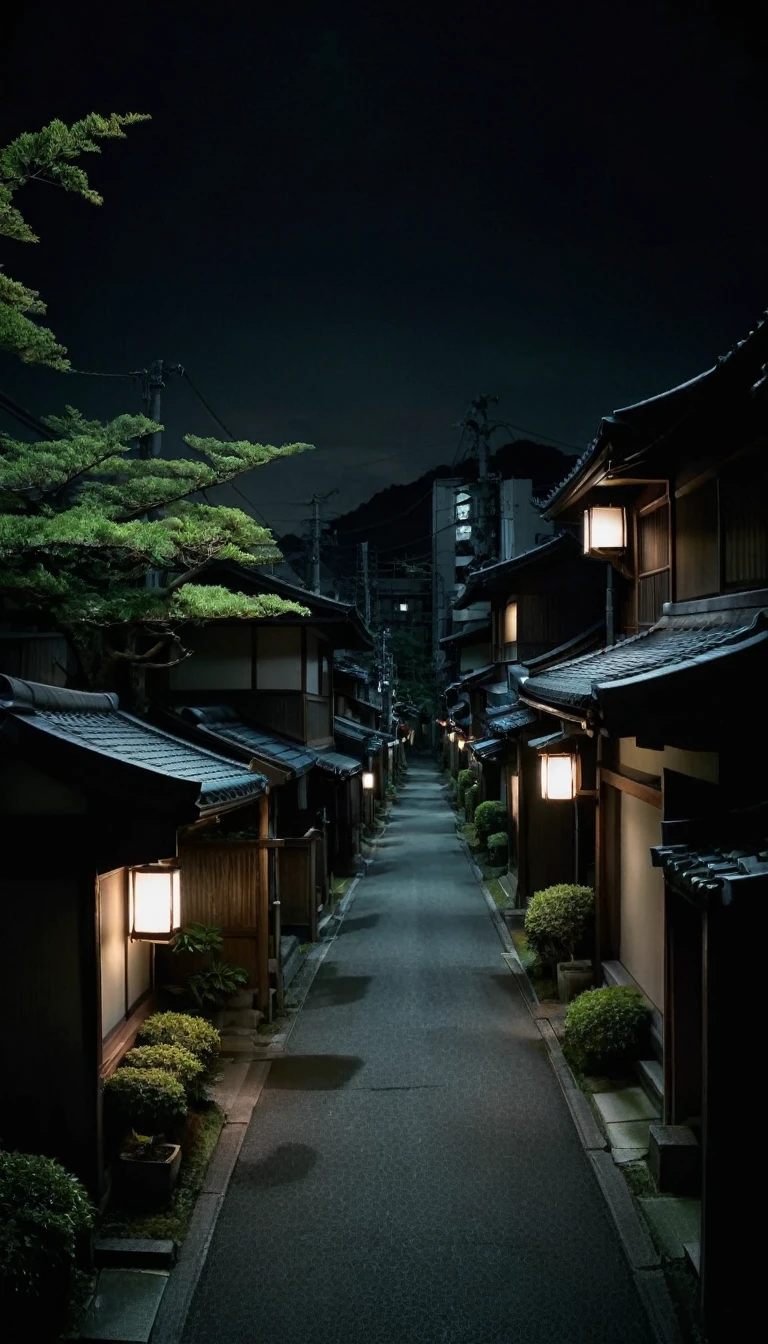 "A dark and eerie residential street in modern Japan at night, with only a few dim streetlights casting faint light on the road. The street is lined with traditional Japanese houses with tiled roofs, closed windows, and overgrown plants in small front gardens. Shadows loom large over the narrow street, and there are almost no signs of life. A 1 student has mysteriously disappeared, leaving an unsettling silence. The houses are barely visible in the gloom, and the atmosphere feels cold and oppressive, with a strong sense of something lurking in the shadows. The setting should evoke fear and unease, capturing the eerie stillness of a Japanese residential area at night."