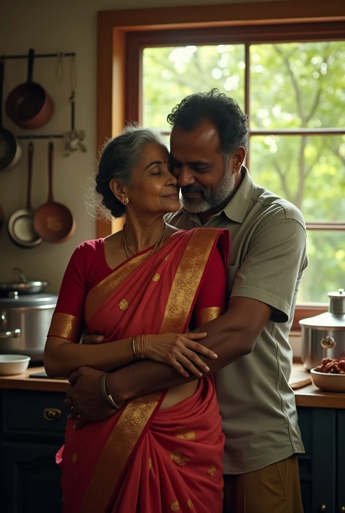 A radiant, full-figured South Indian plus-sized 30 year old teacher wearing a cream silky saree tenderly hugging and kissing a jubilant 20-year-old man in a living room, captured in a full-body image with vibrant hues and meticulous details.