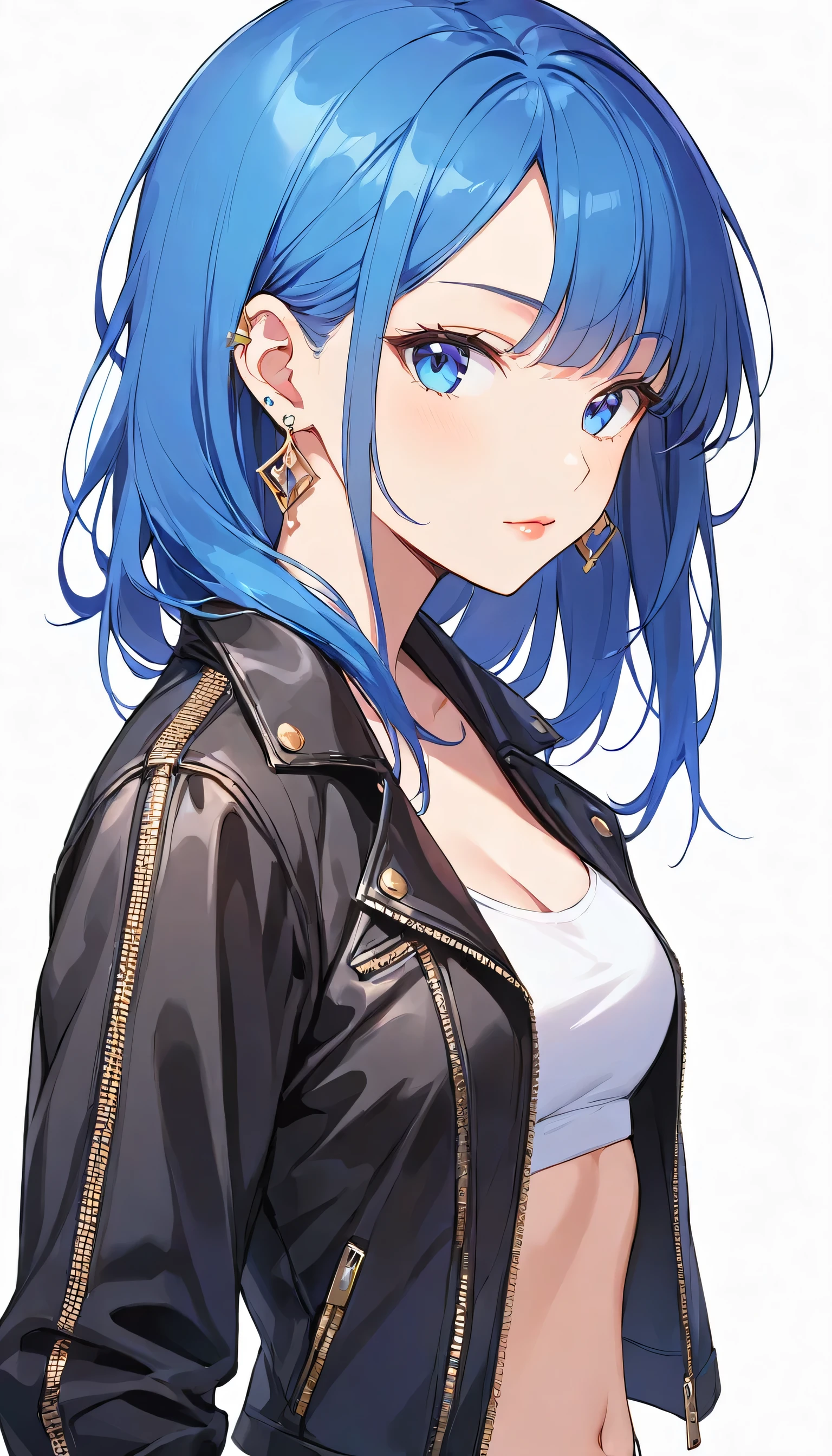 One girl, alone, chest, View Viewer, blue eyes, Simple Background, White Background, jewelry, medium chest, Mouth closed, Blue Hair, Jacket, Upper Body, Earrings, Open clothes, abdomen, From the side, open Jacket, lips, black Jacket, Crop top, compensate, Earrings, ear Earrings, leather, leather Jacket,Style: Mid Journy,1 grill,1 girl