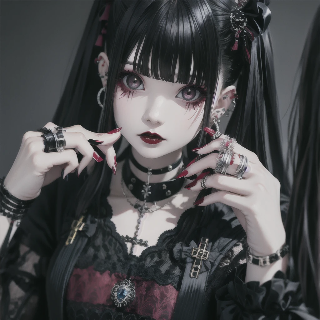 (masterpiece, best quality:1.2), 1girl, solo,jiraai,1girl, 3d, bangs, black hair, black nails, blunt bangs, blurry, blurry background, blurry foreground, chain, chromatic aberration, cross earrings, depth of field, ear piercing, earrings, grey background, grey eyes, jewelry, lips, long hair, looking at viewer, motion blur, multiple rings, nail polish, neck tattoo, photo \(medium\), piercing, red lips, ring, simple background, solo, teeth, thumb ring, twintails