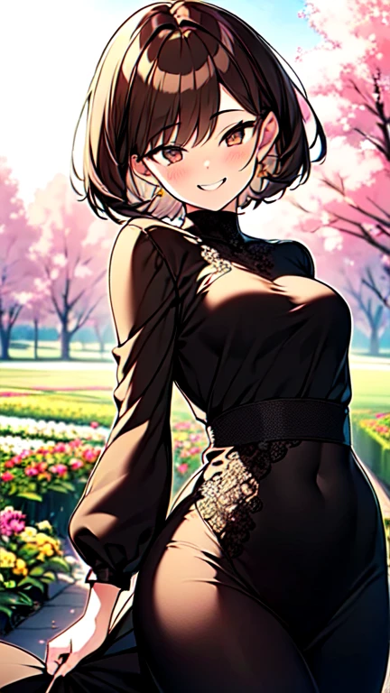 １People Girls、(Brown hair short cut)、Wet Hair、Beautiful brown hair、Keep your head small、Perfect Face、Shiny skin、Clear brown eyes、Slightly chubby、Small breasts、buttocks are small、(((Teasing Smile)))、
Ultra-high resolution 、8k、
(Flower Field、Great outdoors、Flower Garden Scenery、She is in a good mood surrounded by flowers、Botanical print long dress、An angle that shows from head to waist)