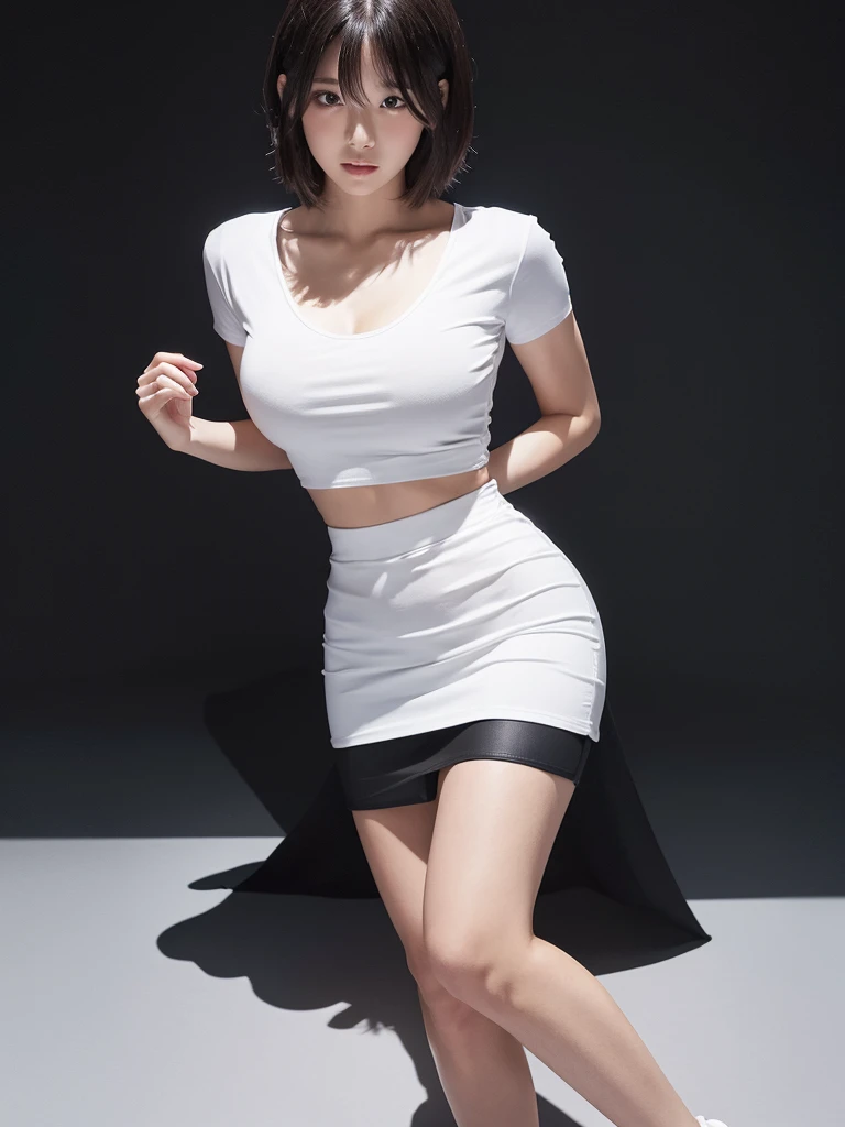 (top-quality,8K,masterpiece,A hyper-realistic), korean beautiful Female ,(A detailed eye,beautidful eyes,Detailed skin,Detailed lips,lipgloss),skin tanned, high heels, detailed hands and nails, white top, black pencil skirt, white heels, standing pose, office