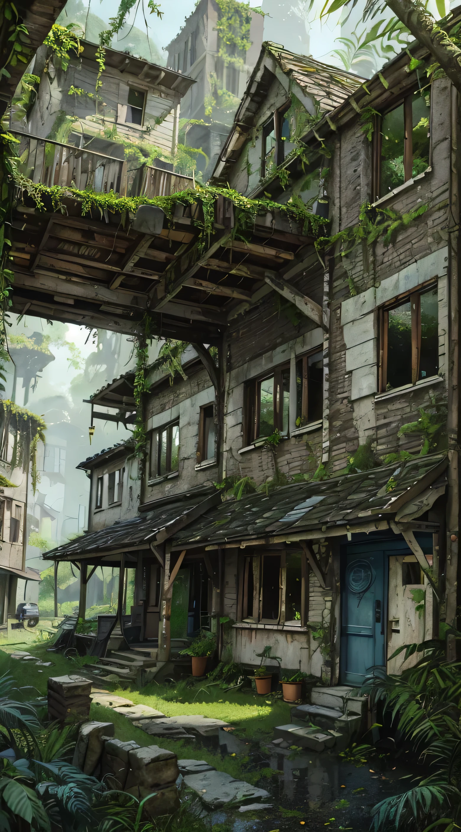 an old stone building with a roof covered in plants and rocks, “derelict architecture buildings, poor buildings, an abandoned old, abandoned war torn village, old house, dilapidated house, alamy stock photo, mud and brick houses, abandoned cottage, derelict house, stone roof, old abandoned house, dilapidated houses, grin face, young, (Masterpiece), ((Blue skin)), (best detail), digital art, (best qualtiy), Cinematic texture, ((Avatar style)), beautiful pupil, The background is jungle, the rainforest, big leafs