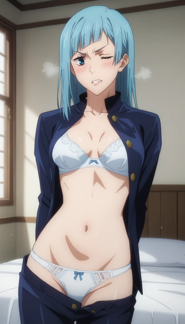 score_9, score_8_up, score_7_up, sauce_anime, ambient light,
jujutsu_kaisen_style, kasumi miwa,, ,1girl ,tall girl,, blue hair, long hair, blue eyes, wince, frown, Perfect face, expressive eyes ,
nsfw, (show off breast),, undress open shirt, hands behind backs, undress pants, in lace panties,
indoors, bed, realistic bed room, (on side), , steam, 
cowboy shot,, looking down, solo, dutch angle, blush,,  clenched teeth, saliva,, medium breast, 