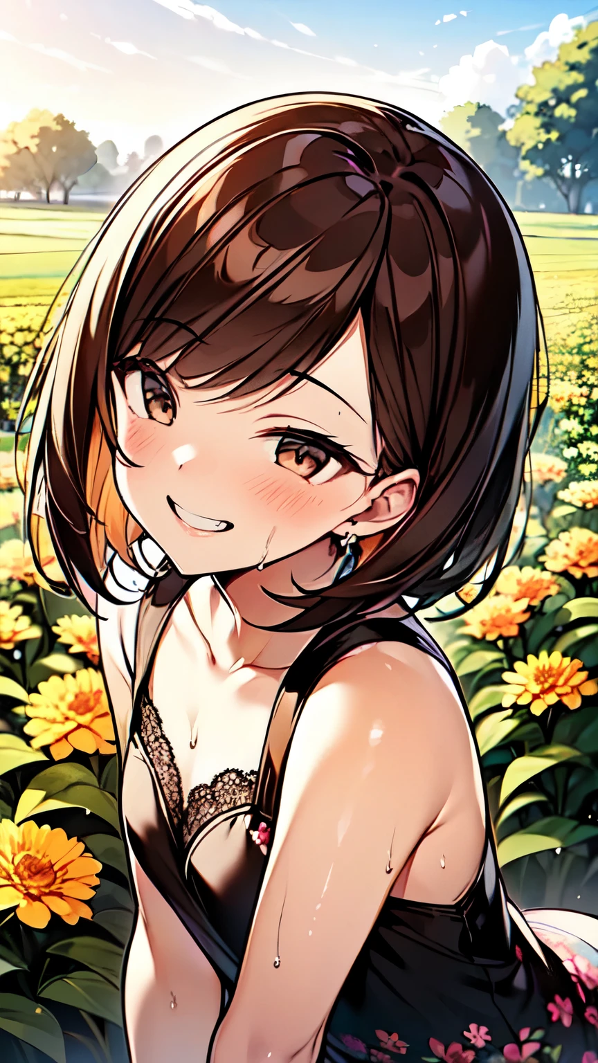 １People Girls、(Brown hair short cut)、Wet Hair、Beautiful brown hair、Keep your head small、Perfect Face、Shiny skin、Clear brown eyes、Slightly chubby、Small breasts、buttocks are small、(((Teasing Smile)))、
Ultra-high resolution 、8k、
(Flower Field、Great outdoors、Flower Garden Scenery、She is in a good mood surrounded by flowers、Botanical print long dress、An angle that shows from head to waist)