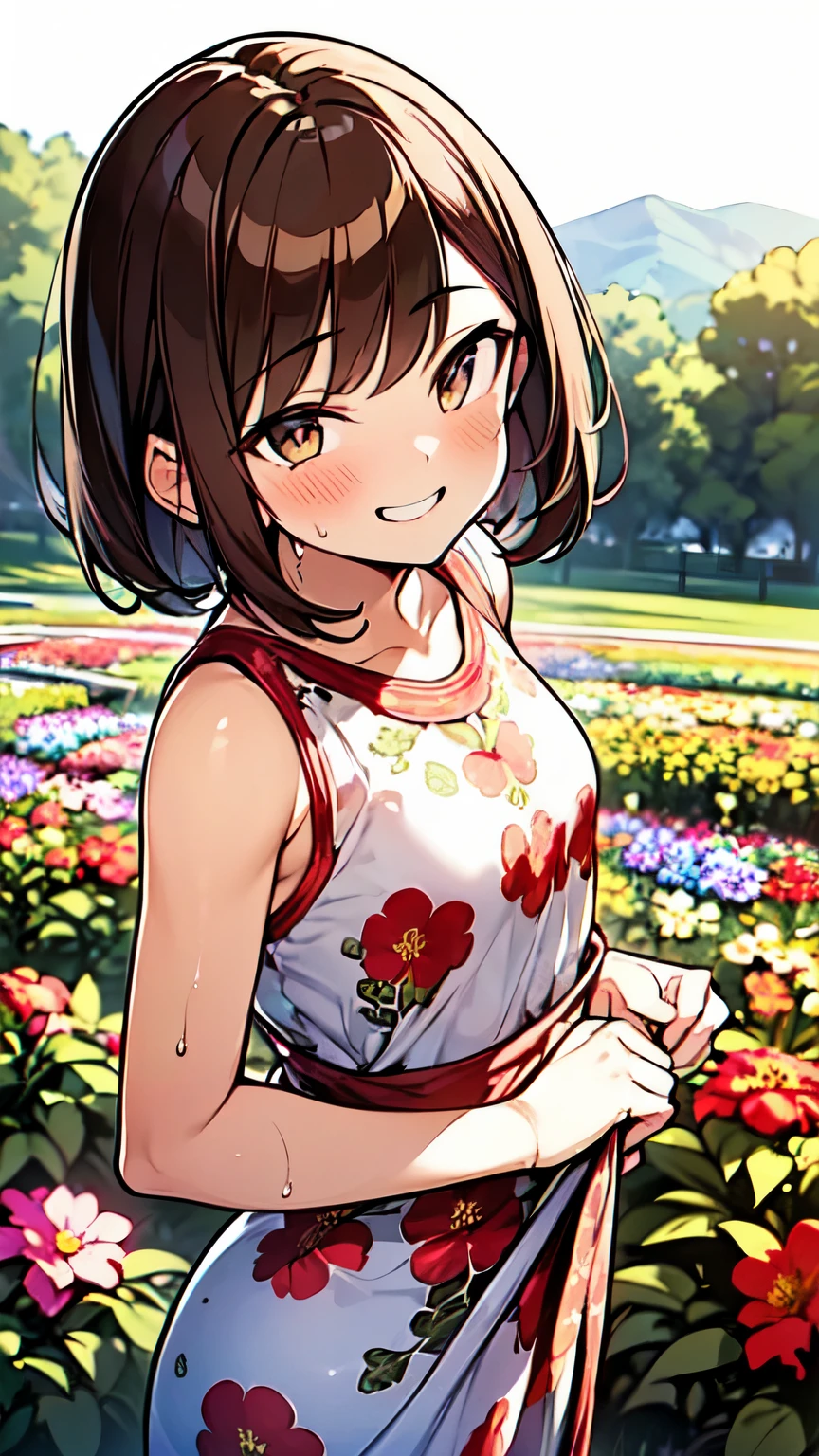 １People Girls、(Brown hair short cut)、Wet Hair、Beautiful brown hair、Keep your head small、Perfect Face、Shiny skin、Clear brown eyes、Slightly chubby、Small breasts、buttocks are small、(((Teasing Smile)))、
Ultra-high resolution 、8k、
(Flower Field、Great outdoors、Flower Garden Scenery、She is in a good mood surrounded by flowers、Botanical print long dress、An angle that shows from head to waist)