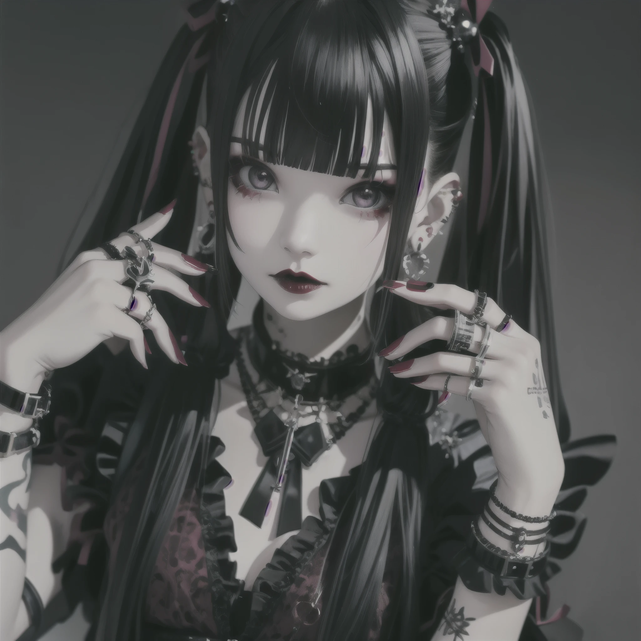 (masterpiece, best quality:1.2), 1girl, solo,jiraai,1girl, 3d, bangs, black hair, black nails, blunt bangs, blurry, blurry background, blurry foreground, chain, chromatic aberration, cross earrings, depth of field, ear piercing, earrings, grey background, grey eyes, jewelry, lips, long hair, looking at viewer, motion blur, multiple rings, nail polish, neck tattoo, photo \(medium\), piercing, red lips, ring, simple background, solo, teeth, thumb ring, twintails