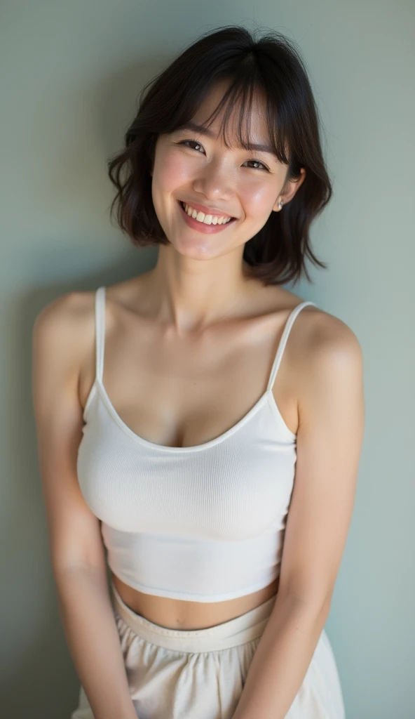 Highest quality、8k、masterpiece、Ultra-high resolution、Clear photos、Realistic photos、Realistic、detailed、concentrated、Professional Lighting、very cute、beautiful girl、smile、Very short hair、Super Slender、Delicate body、(Small breasts、Flat Chest)、Large erect nipples、Tight waist、(Wearing a wet white tank top、Soaking wet)、Full body photo、Soaked clothes